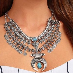 Turquoise and Silver Layered Statement Necklace